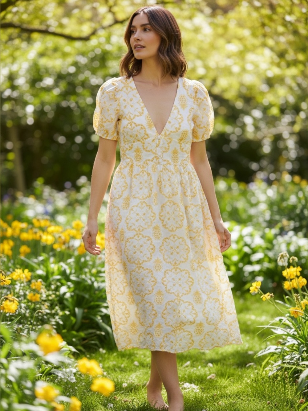 Cider White Dress with Yellow Embroidery